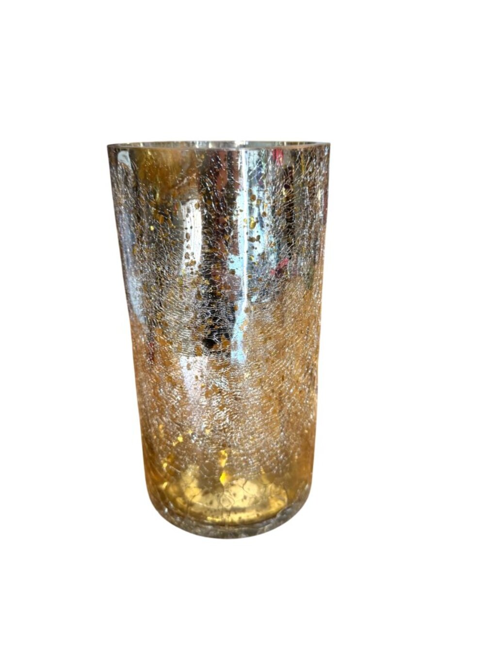 Gold Crackle Glass Vase Metallic Tall Cylindrical Design Home Decor Holiday Refl - Picture 3 of 7